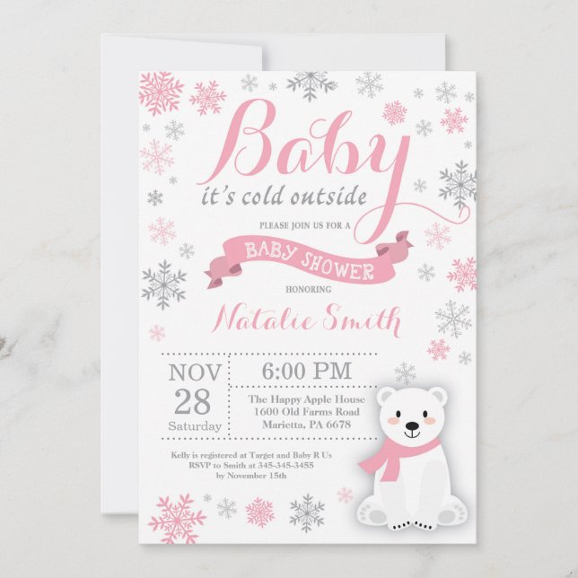 Baby Its Cold Outside Winter Girl Baby Shower Pink Invitation (Front)