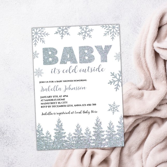 Baby It's Cold Outside Winter Glitter Baby Shower Invitation (winter wonderland baby shower invitation silver glitter woodland)