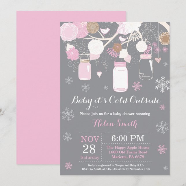 Baby its Cold Outside Winter Mason Jar Baby Shower Invitation (Front/Back)