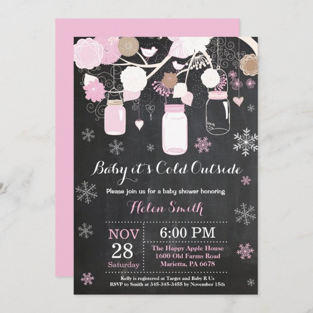 Baby its Cold Outside Winter Mason Jar Baby Shower Invitation (Front/Back)