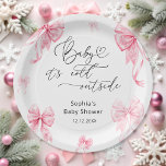 Baby Its Cold Outside Winter Pink Bow Baby Shower  Paper Plate<br><div class="desc">This design is perfect for a winter baby shower and has a sweet,  seasonal charm to help welcome a baby girl! Matching items available.</div>