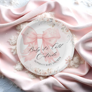 Baby Its Cold Outside Winter Pink Bow Baby Shower Paper Plate