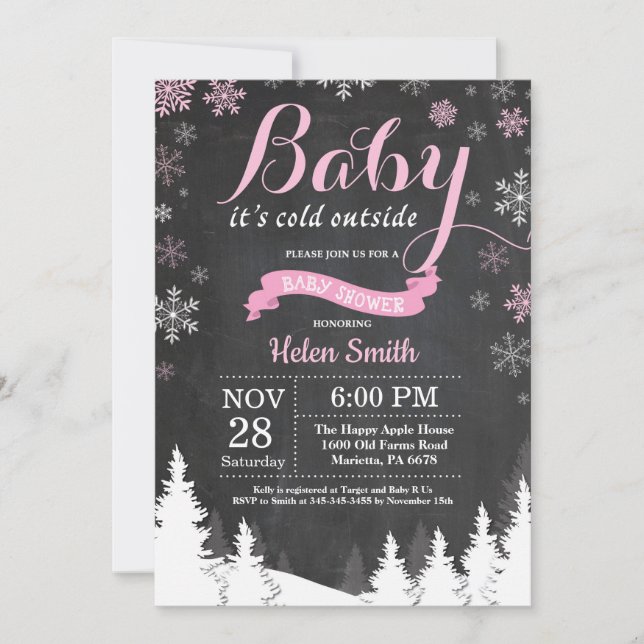 Baby its Cold Outside Winter Pink Girl Baby Shower Invitation (Front)