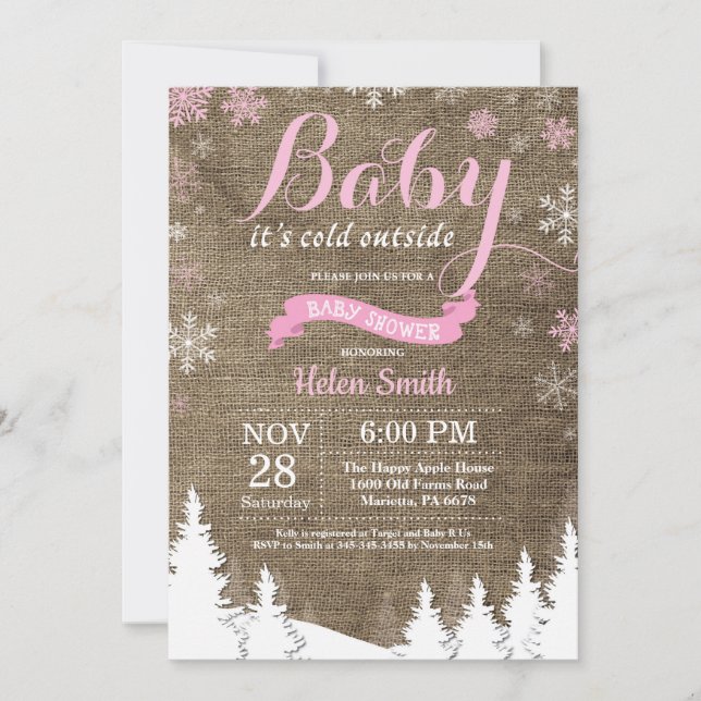 Baby its Cold Outside Winter Pink Girl Baby Shower Invitation (Front)