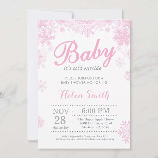 Baby its Cold Outside Winter Pink Girl Baby Shower Invitation (Front)