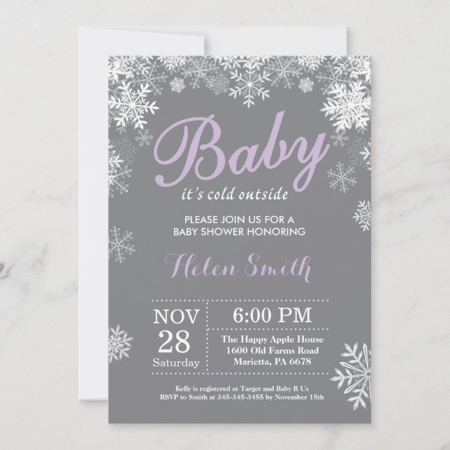 Baby its Cold Outside Winter Purple Baby Shower Invitation (Front)