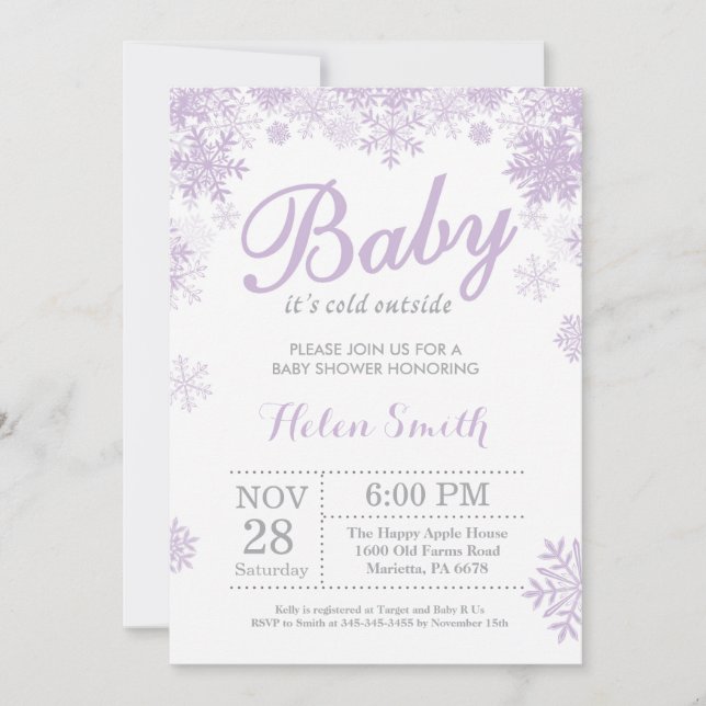 Baby its Cold Outside Winter Purple Baby Shower Invitation (Front)