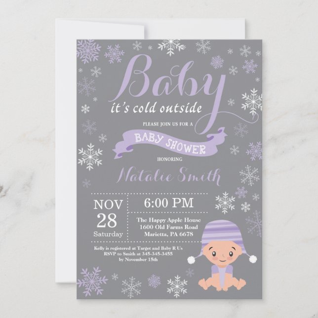 Baby Its Cold Outside Winter Purple Baby Shower Invitation (Front)