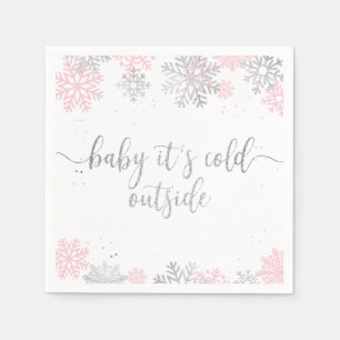 Baby Its Cold Outside Winter Snowflake Pink Silver Napkin