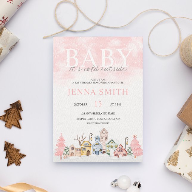 Baby It's Cold Outside Winter Wonderland Shower Invitation (Pink Winter Wonderland Baby Shower Invitation | Baby it's cold outside Girl's Christmas Baby Shower)