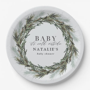 Baby its cold outside winter wreath baby shower paper plate