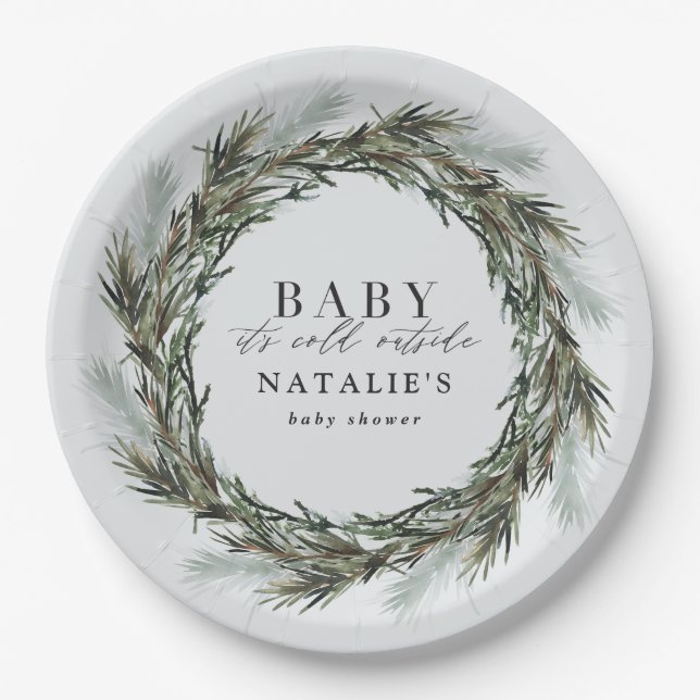 Baby its cold outside winter wreath baby shower paper plate (Front)