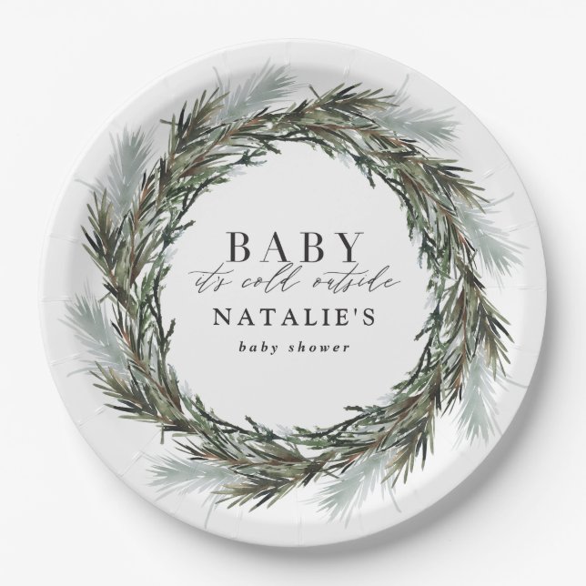 Baby its cold outside winter wreath baby shower paper plate (Front)