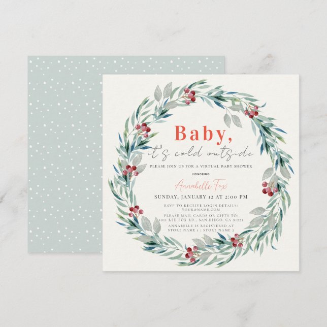 Baby It's Cold Outside Wreath Virtual Baby Shower  Invitation (Front/Back)