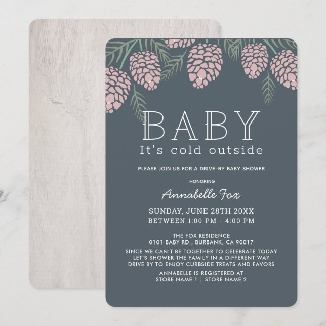 Baby Its Cold Pine Cone Navy Drive-by Baby Shower Invitation (Front/Back)
