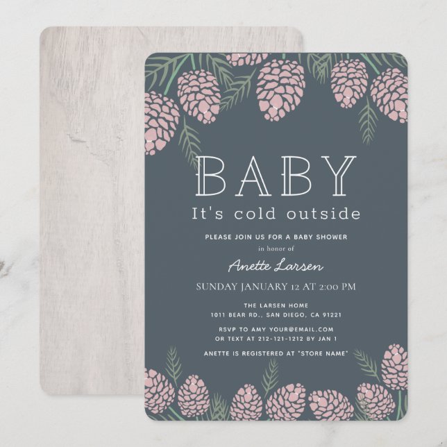 Baby Its Cold Pink Pine Cone Navy Baby Shower Invitation (Front/Back)