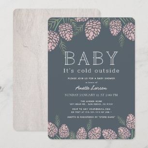 Baby Its Cold Pink Pine Cone Navy Baby Shower Invitation