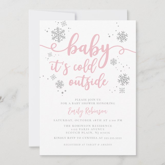 Baby It's Cold | Pink Snowflake Girl Baby Shower Invitation (Front)