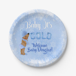 Baby It's Cold Snowflake Blue Ethnic Boy Shower Paper Plate