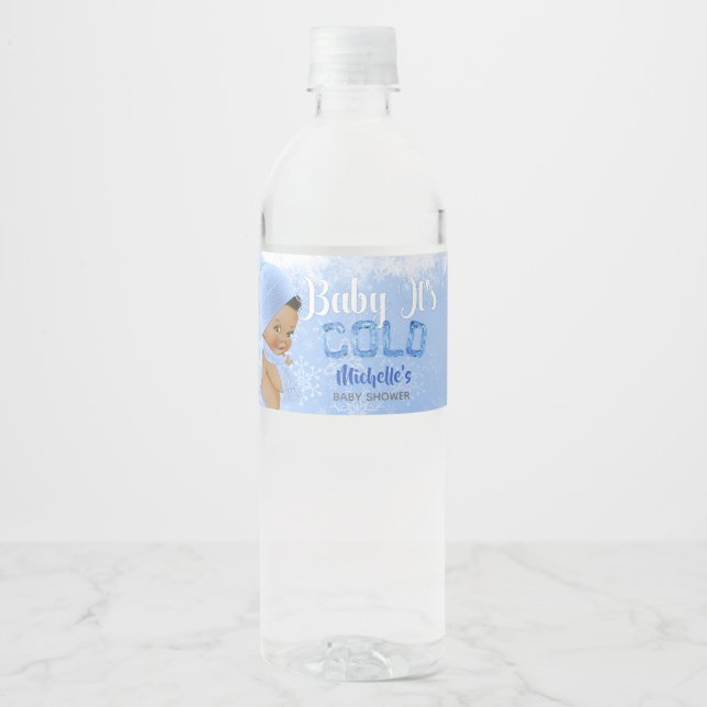 Baby It's Cold Snowflake Blue Ethnic Boy Shower Water Bottle Label (Front)