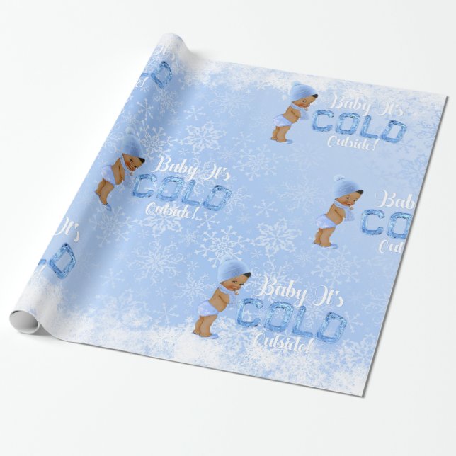 Baby It's Cold Snowflake Blue Ethnic Boy Shower Wrapping Paper (Unrolled)