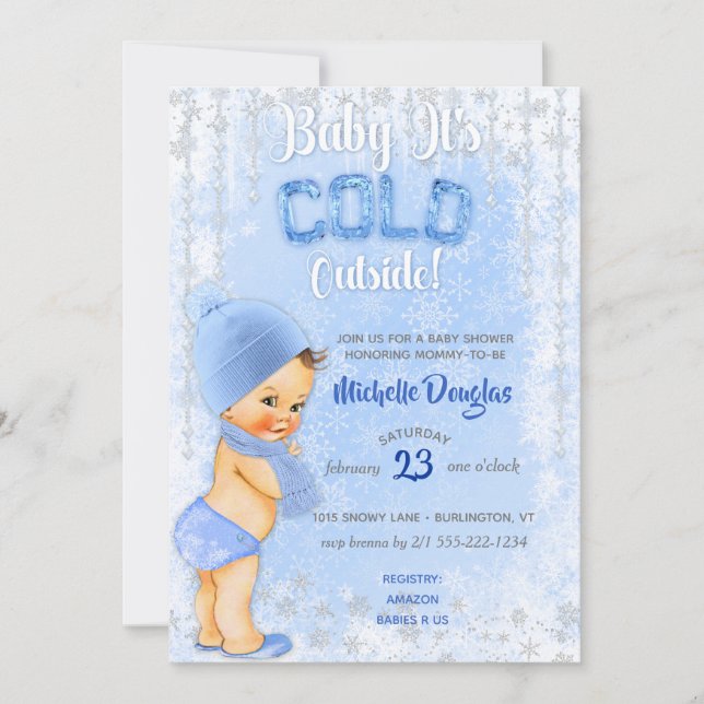 Baby It's Cold Snowflake Icy Blue Boy Shower Invitation (Front)