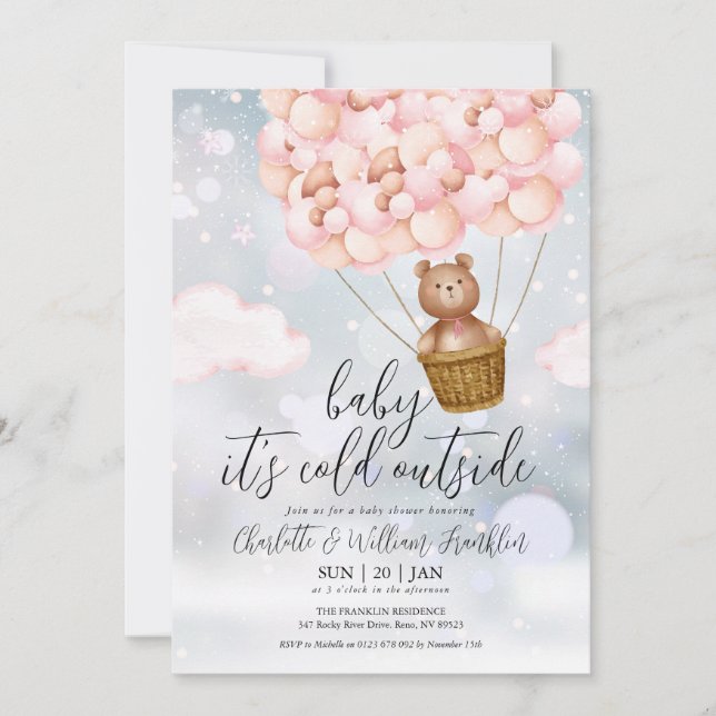 Baby Its Cold Teddy Bear Pink Winter Baby Shower Invitation (Front)