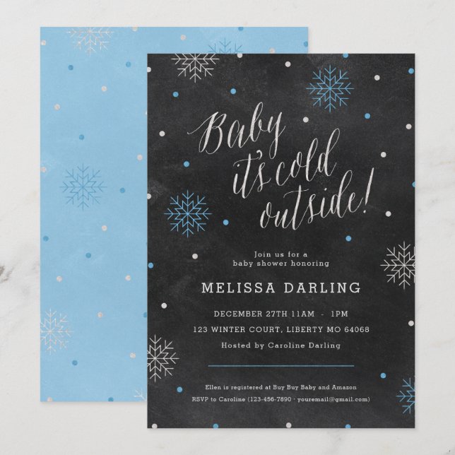 Baby It's Cold Winter Chalkboard Blue Baby Shower Invitation (Front/Back)