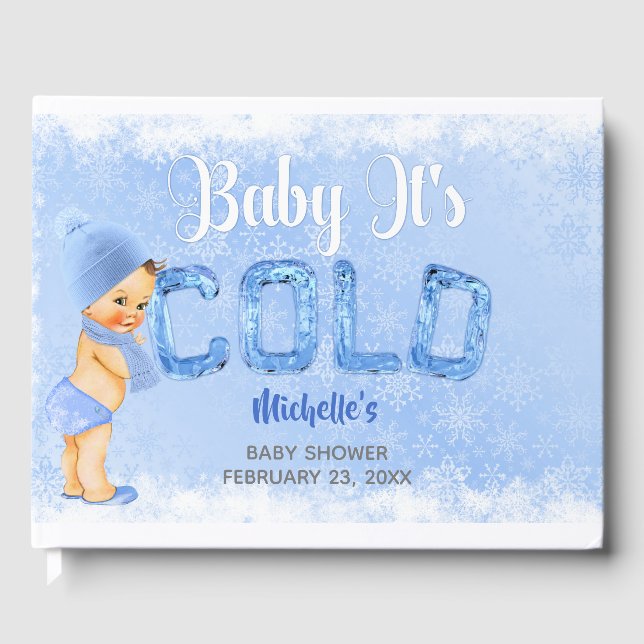 Baby It's Cold Winter Snowflake Blue Boy Shower Guest Book (Front)