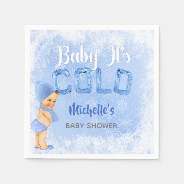 Baby It's Cold Winter Snowflake Blue Boy Shower Napkin (Front)