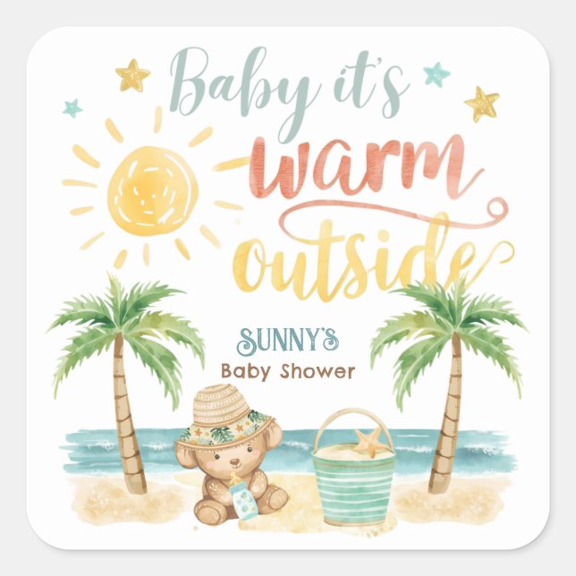 Baby It's Warm Outside Tropical Beach Baby Shower Square Sticker (Front)