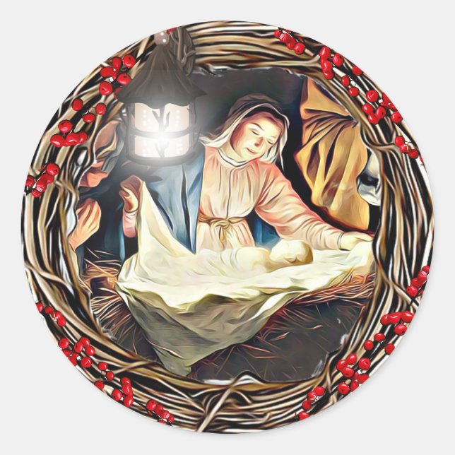 Baby Jesus and Virgin Mary Nativity  Christmas Classic Round Sticker (Front)