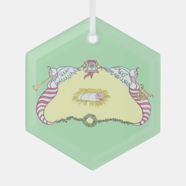 Baby Jesus Cartouche Glass Tree Decoration (Front)
