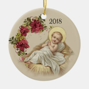Baby Jesus Christmas Floral Wreath Ceramic Tree Decoration