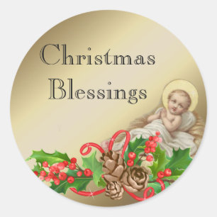 Baby Jesus in Manger Christmas Blessings Floral Classic Round Sticker
