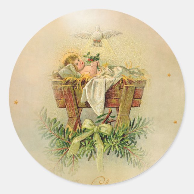 Baby Jesus in Manger Dove Classic Round Sticker (Front)