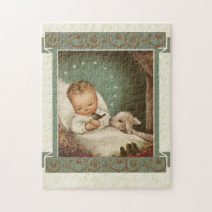 Baby Jesus in Manger with lamb & bird Jigsaw Puzzle