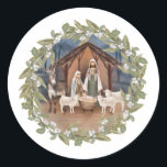 Baby Jesus in the Manger Nativity  Classic Round S Classic Round Sticker<br><div class="desc">This traditional Christmas sticker features a nativity image of baby Jesus sleeping in a manger with Mary and Joseph in the centre surrounded by a wreath with white berries.</div>