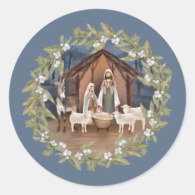 Baby Jesus in the Manger Nativity  Classic Round Sticker (Front)