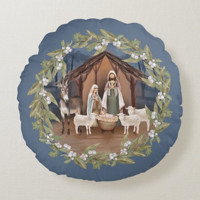 Baby Jesus in the Manger Nativity  Round Cushion (Front)