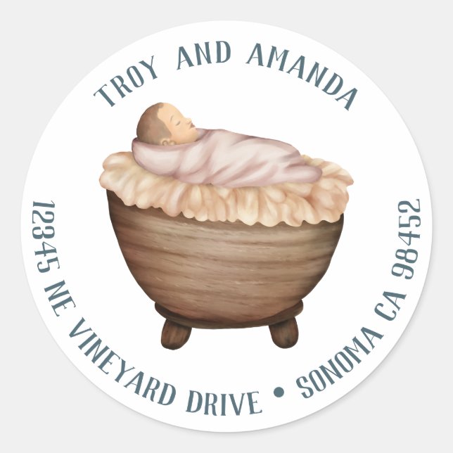 Baby Jesus in the Manger Nativity Round Labels (Front)