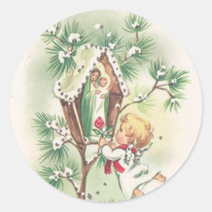 Baby Jesus Manger Christmas Bells Ribbon Classic Round Sticker