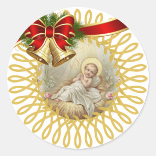 Baby Jesus Manger Christmas Bells Ribbon Classic Round Sticker