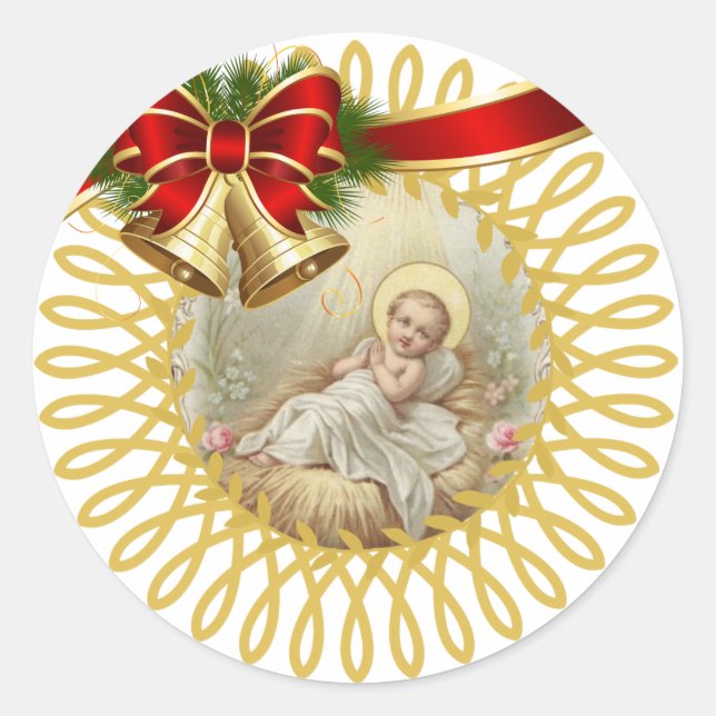 Baby Jesus Manger Christmas Bells Ribbon Classic Round Sticker (Front)