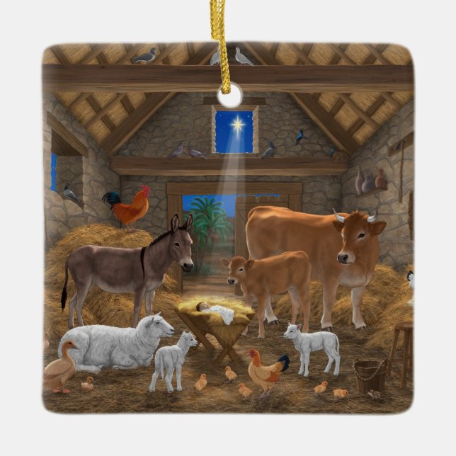 Baby Jesus Manger Holy Night Christmas Nativity Ceramic Ornament (Front)