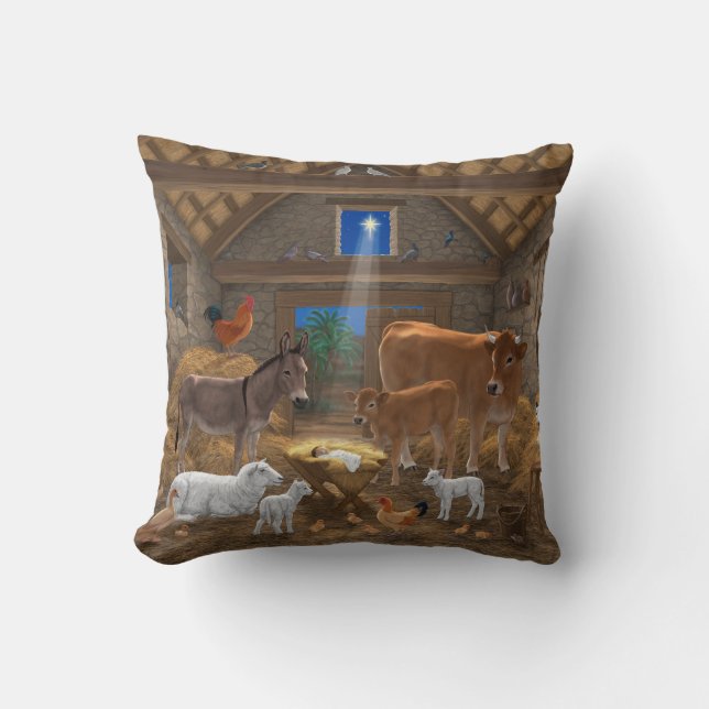 Baby Jesus Manger Holy Night Christmas Nativity Cushion (Front)