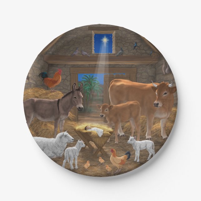 Baby Jesus Manger Holy Night Christmas Nativity Paper Plate (Front)