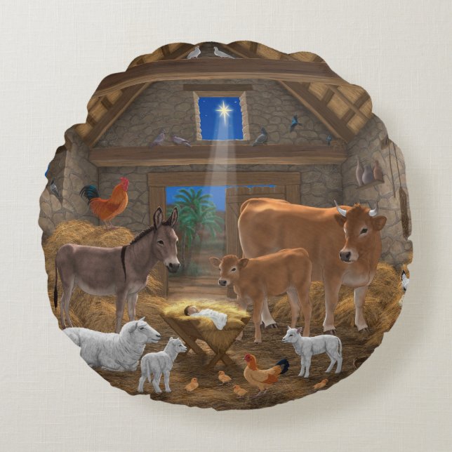 Baby Jesus Manger Holy Night Christmas Nativity Round Cushion (Front)