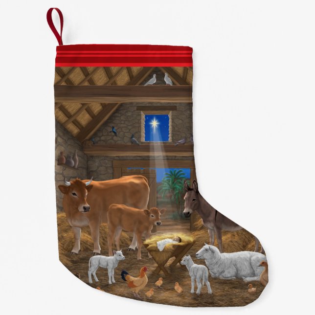 Baby Jesus Manger Holy Night Christmas Nativity Small Christmas Stocking (Front)