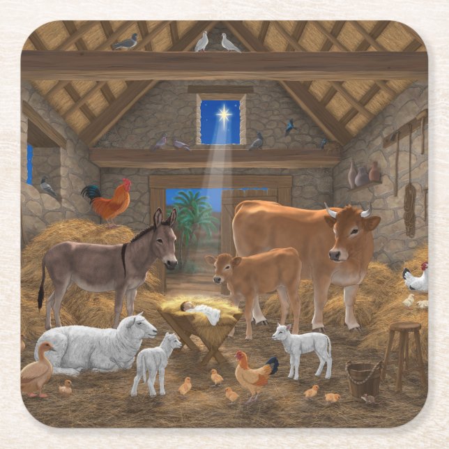 Baby Jesus Manger Holy Night Christmas Nativity Square Paper Coaster (Front)